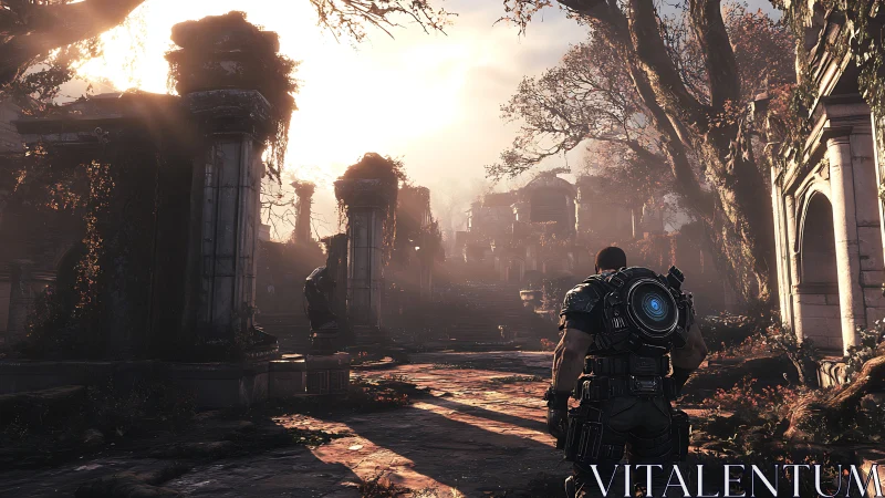 Armored explorer traverses volumetric-lit ruined colonnade.