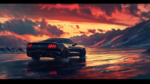 Sport coupe on reflective road under vivid sunset sky.