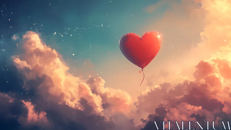 Red Heart-Shaped Balloon Floating Through Golden Sunset Clouds