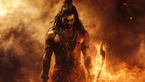 Fiery warrior strides through swirling inferno haze.