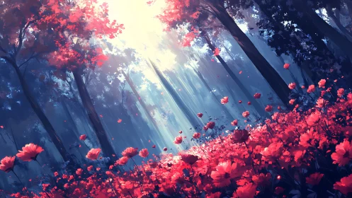 Luminous Forest Glade with Crimson Blooms and Diffused Ethereal Radiance