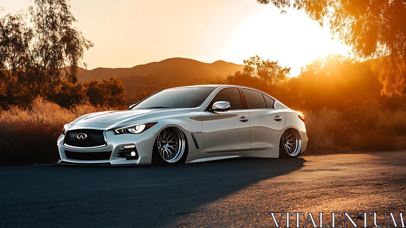 Sunlit stance-tuned Infiniti sedan in golden hour environment.