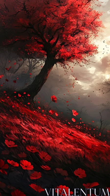 Crimson tree above windswept poppy hillside at dusk.