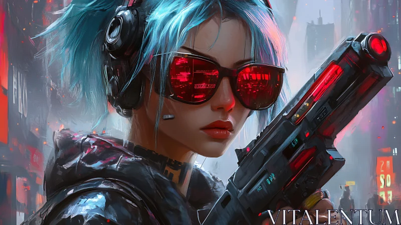 Neon armed cyberpunk operative with blue hair and visor glare