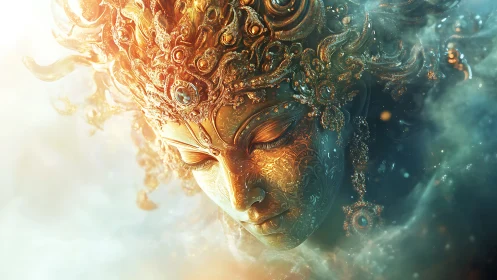 Golden celestial mask drifts through luminous ethereal mist