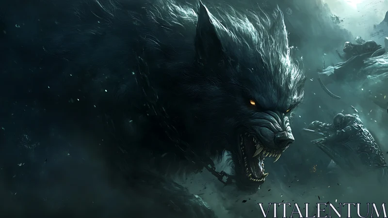 Gigantic chained direwolf lunges through stormy battle haze.