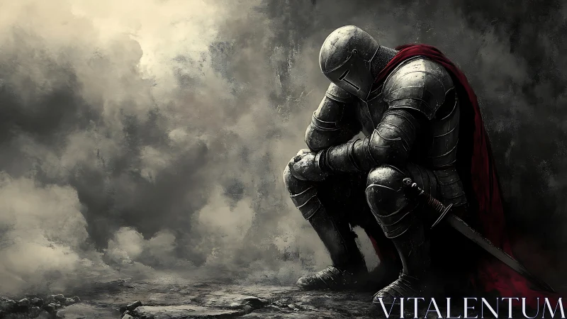 Weathered knight pauses in quiet reflection after battle