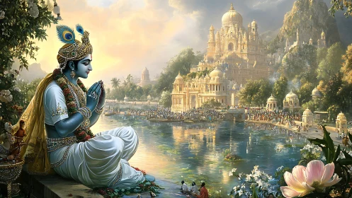 Divine blue figure contemplates a luminous riverside palace