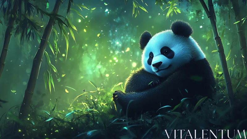 Dreamlit panda drifts in emerald bamboo forest glow.