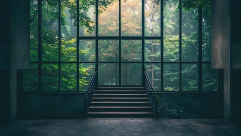 Staircase Whispers Through Forest's Luminous Glass Threshold