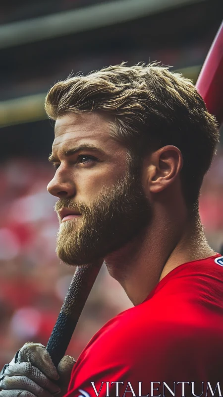 Baseball player in red jersey holding bat, side profile.