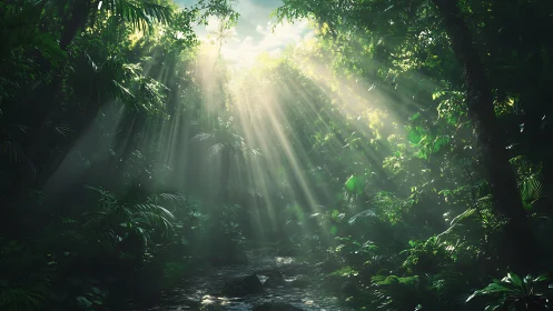 Sunlit rainforest ravine with volumetric light shafts and mist.