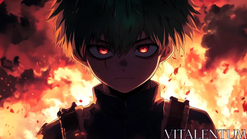 Incandescent-eyed anime combatant framed by eruptive flames.