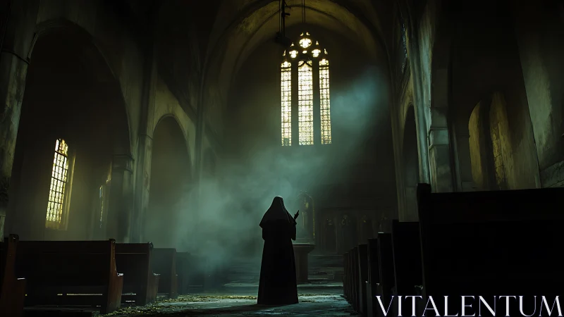 Shrouded cleric bathed in haunted cathedral daylight hush.