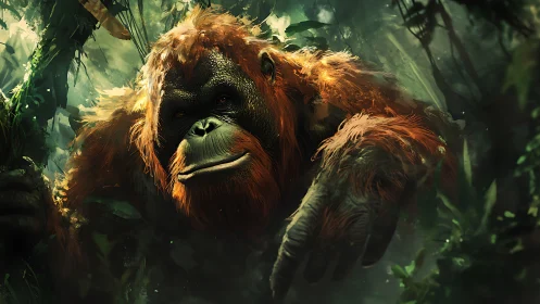 Forest sage orangutan drifting through emerald jungle hush.