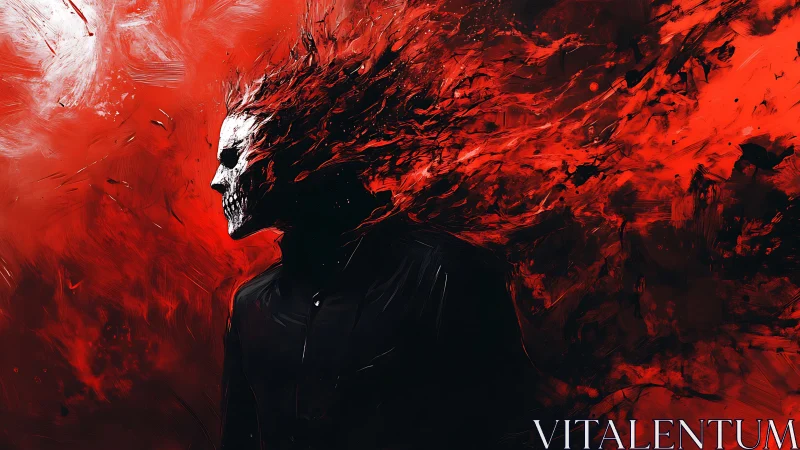 Flaming skull-headed figure emerging from swirling red void.