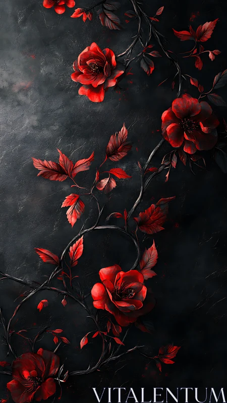 Crimson Florals Against Textured Charcoal Ground