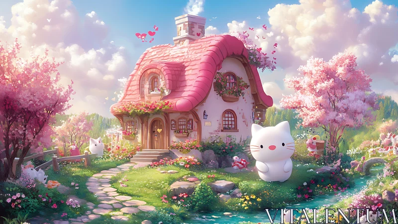 Whimsical pastel cottage with kawaii cat mascots in bloomscape.