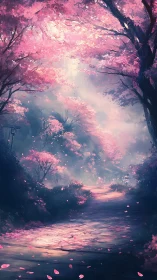 Vertical landscape shows pink blossom trees over forest path