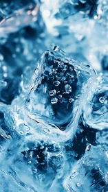 Glistening ice cubes in tight macro with cool blue glow.