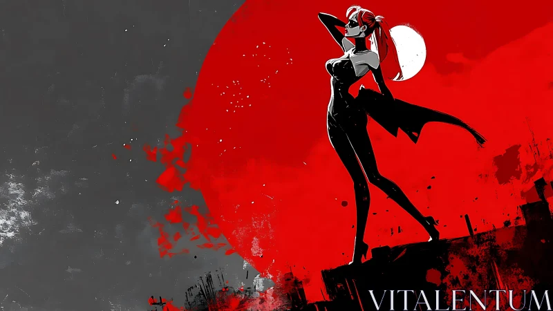 Graphic noir heroine silhouette against splattered red moon.