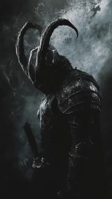 Horned dark knight rendered in high-contrast digital chiaroscuro