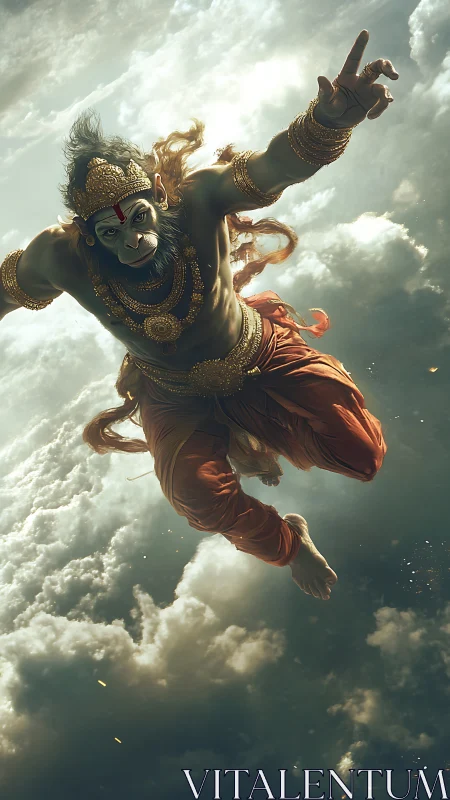 Divine monkey warrior soaring through luminous storm clouds.