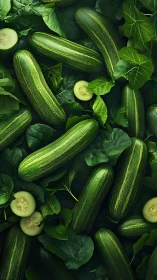 Whole cucumbers and leaves arranged in dense green pattern.
