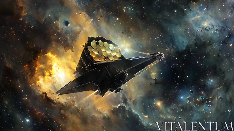 James Webb telescope framed by blazing cosmic nebulae.