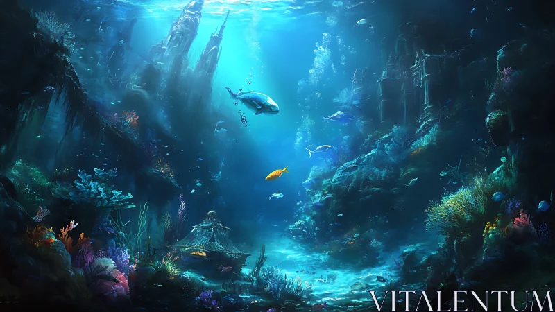 Sunken ocean city with glowing reefs and drifting fish.