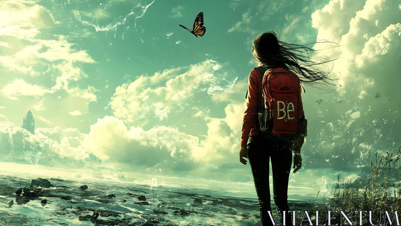 Atmospheric shoreline wanderer tracking monarch flight vector.