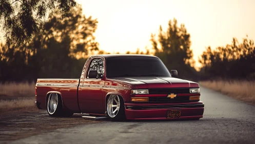 Sunset-slammed Chevy pickup idling low on a lonely road.