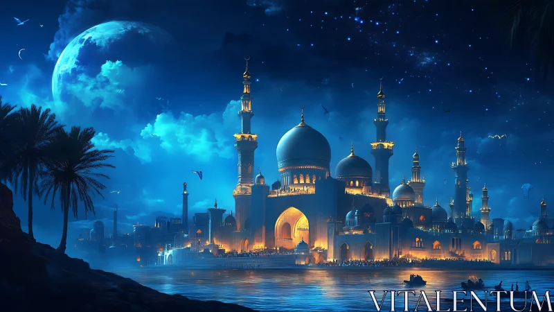 Moonlit domes and river boats around a glowing desert palace.