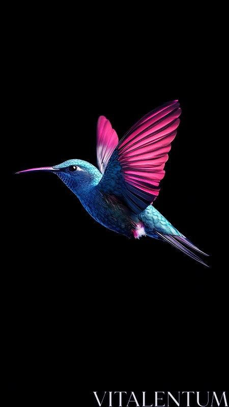 Glowing hummingbird in flight with neon blue and pink wings.