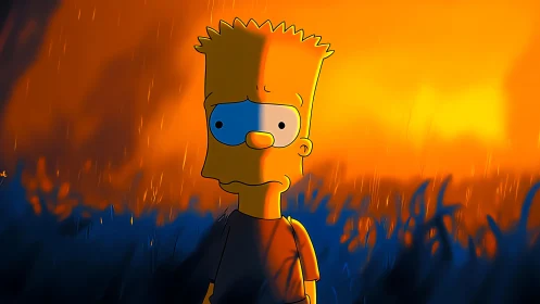 Moody cartoon boy stands in glowing orange rainstorm twilight