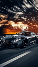 Sleek black supercar cuts through sunset highway motion