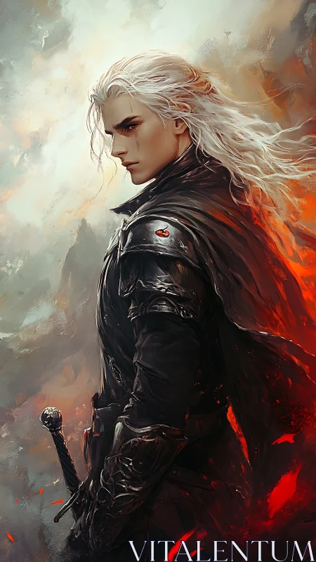 White-haired warrior stands in smoldering embers and storm