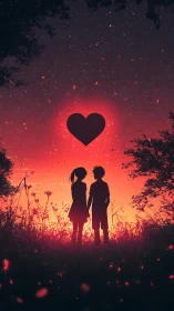 Two silhouetted figures beneath glowing heart amid bioluminescent landscape