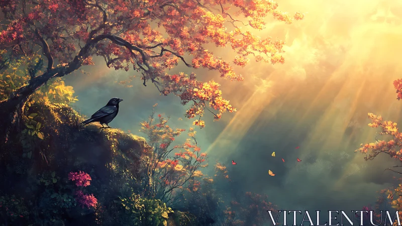Raven overlooks sunlit autumn forest drenched in gold light.