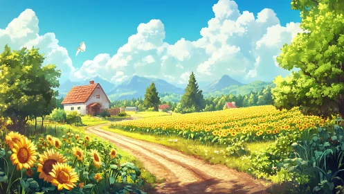 Summer sunflowers guard a winding path to a storybook cottage.