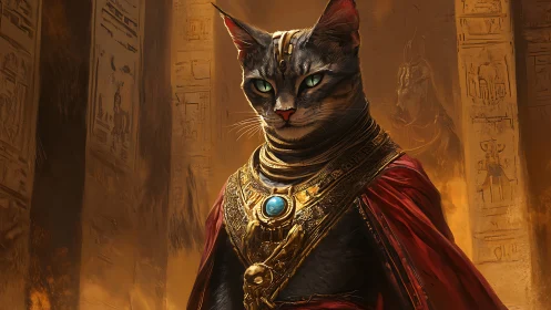 Regal Egyptian cat priest glows in golden temple light.