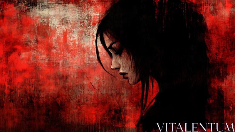 Profile of dark-haired figure on textured red background.