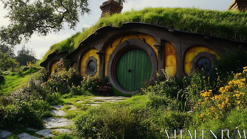 Sunlit hobbit door nestled in wildflower-swirled hillside garden.