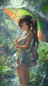 Anime girl holding floral umbrella walking in lush rain