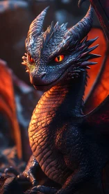 Young obsidian dragon watches molten horizon in silence.