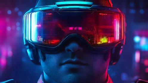 Neon visor swallows a city of code in mirrored silence