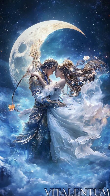Celestial Couple Under Moon Against Starfield