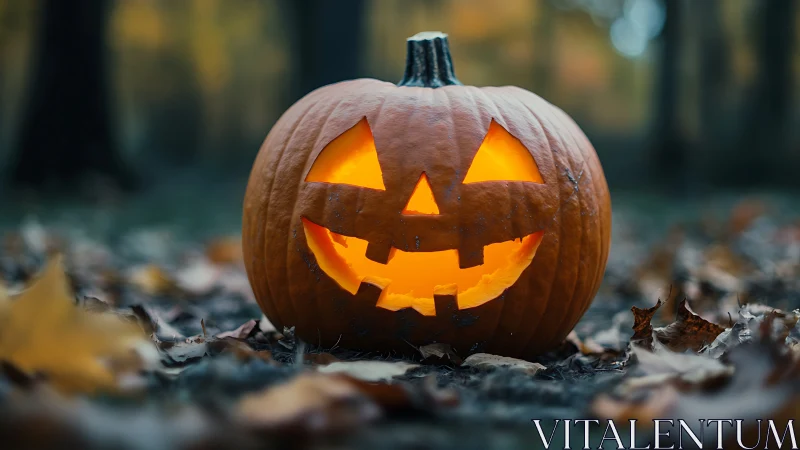 Photoreal jack-o-lantern in shallow-depth autumn forest scene.