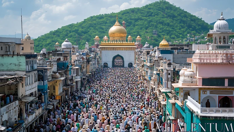Pilgrims crowd golden-domed shrine amid vibrant hillside city.