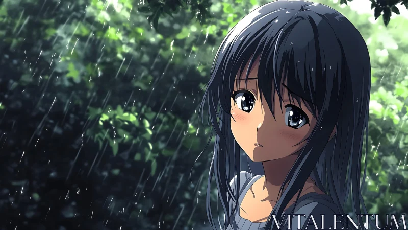 Melancholic anime girl standing in gentle summer rain.